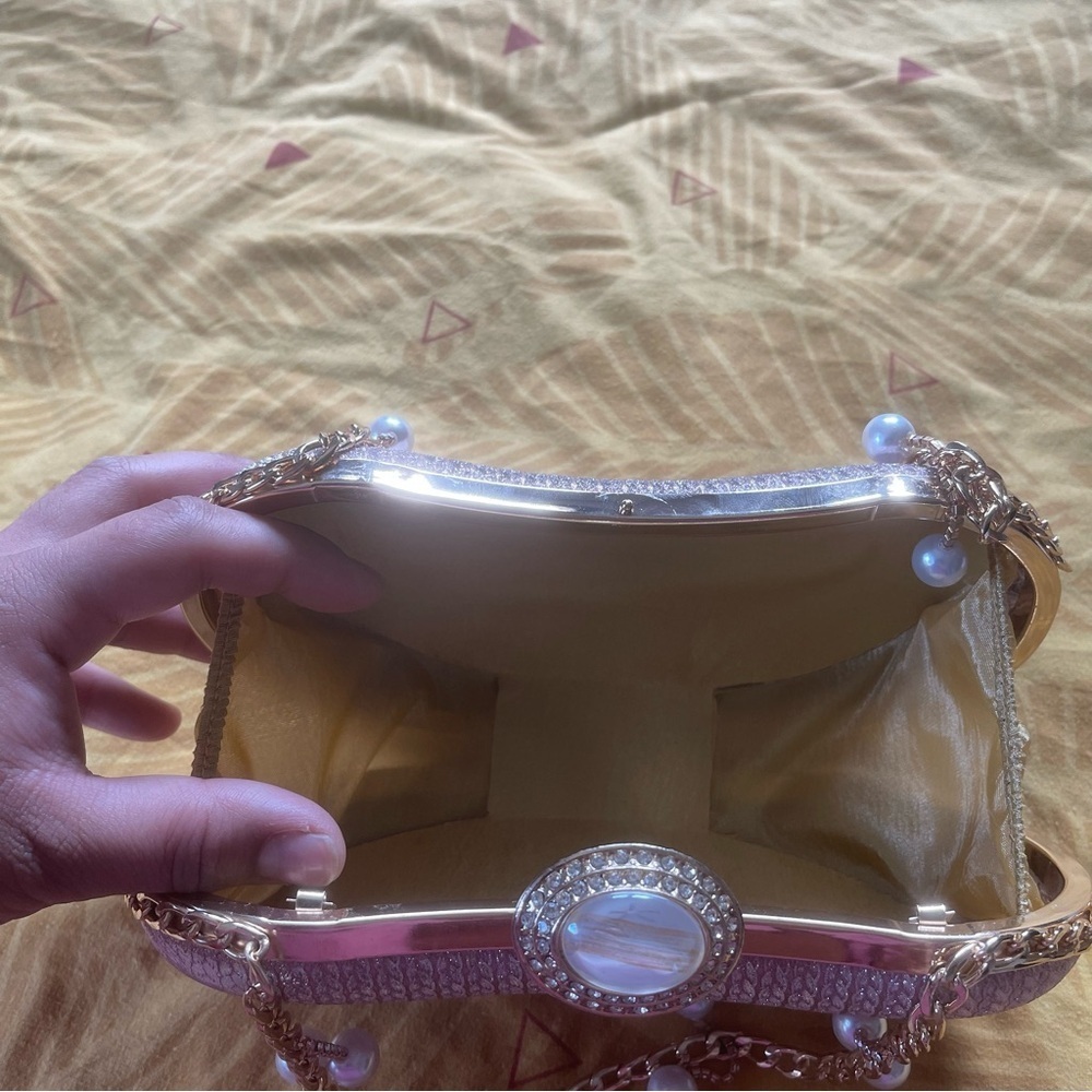 Shimmering Glitter Evening Clutch Sparkly Banquet Purse with Pearl Chain Pink - Picture 5 of 6